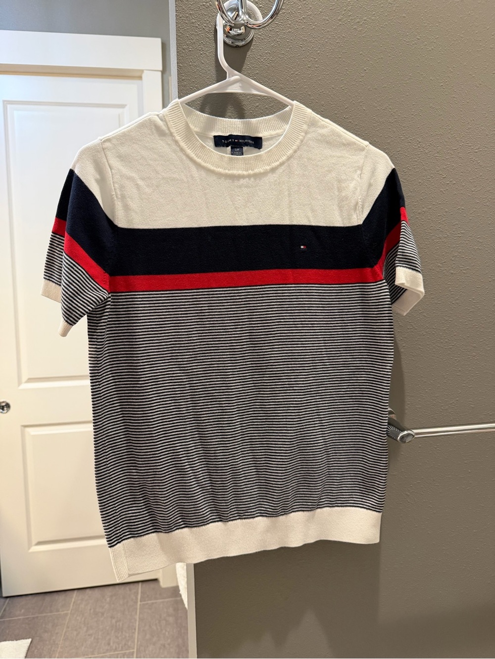 Tommy Hilfiger Women's Short Sleeve Crew in White, Navy & Red